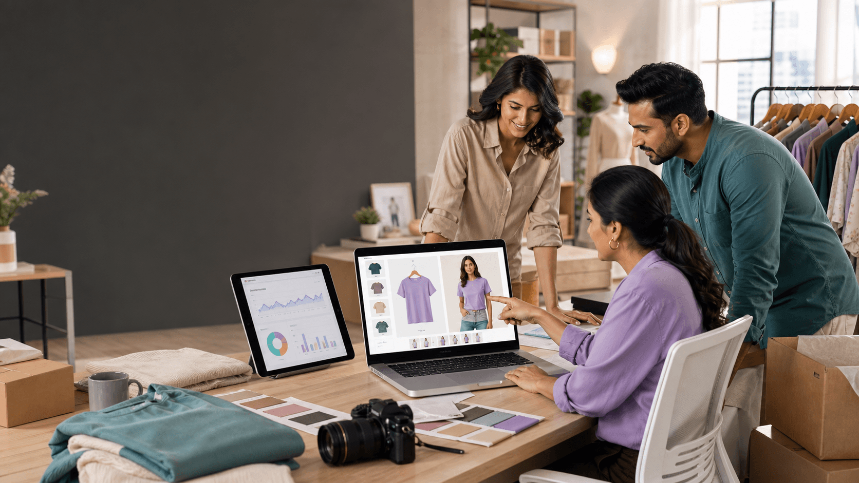 Fashion ecommerce team reviewing a virtual try-on workflow